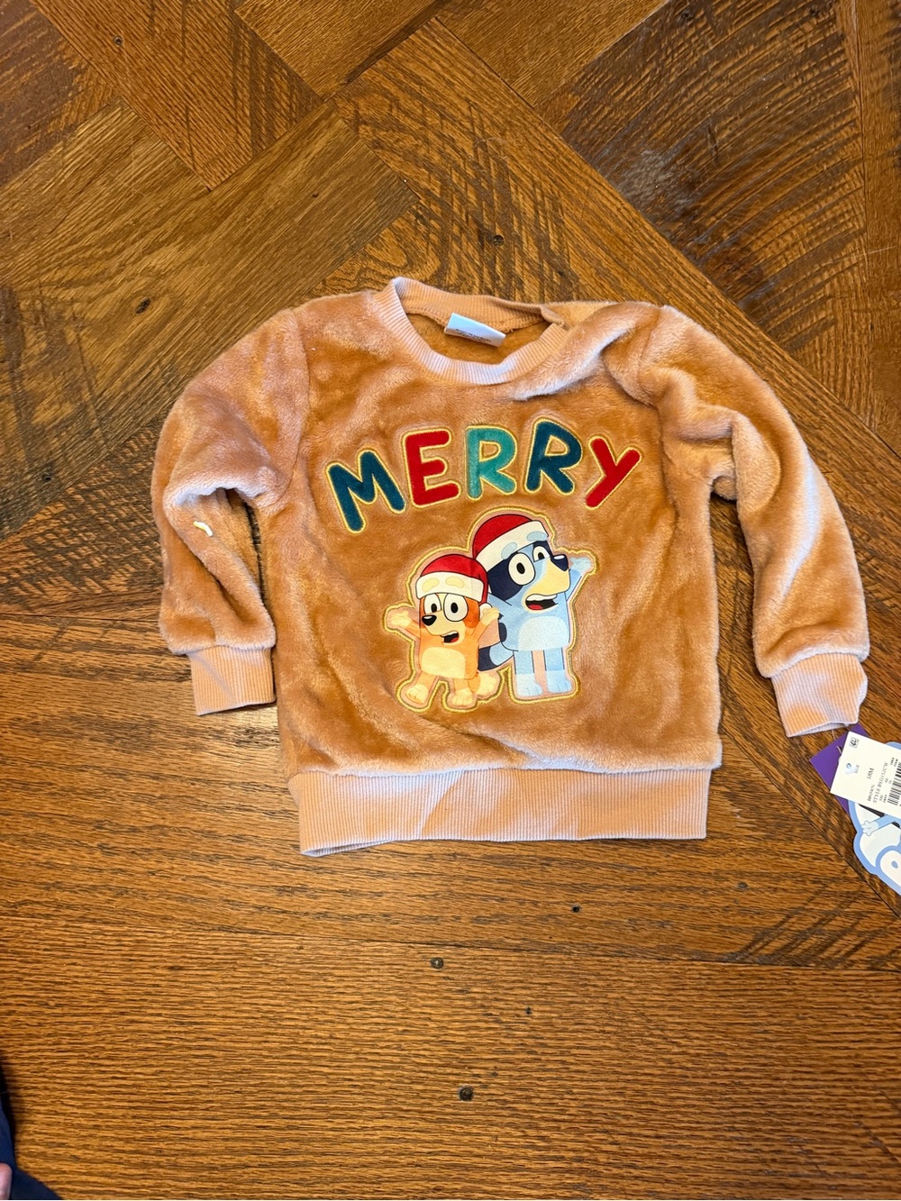 Kids Bluey Plush Holiday Sweatshirt with 'MERRY' - Tan Sz 18 mo